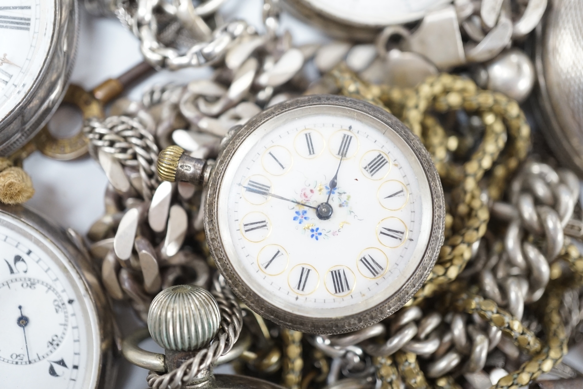 Three assorted silver pocket watches, including a hunter by Cometti, Lewes, two white metal pocket watches and two Swiss white metal fob watches, together with assorted chains including 925. Condition - poor to fair